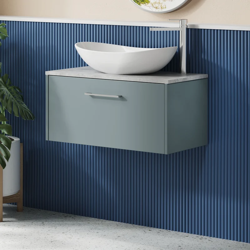 Juno 800mm Wall Hung 1 Drawer Vanity Unit & Bellato Grey Laminate Worktop - Coastal Grey Matt