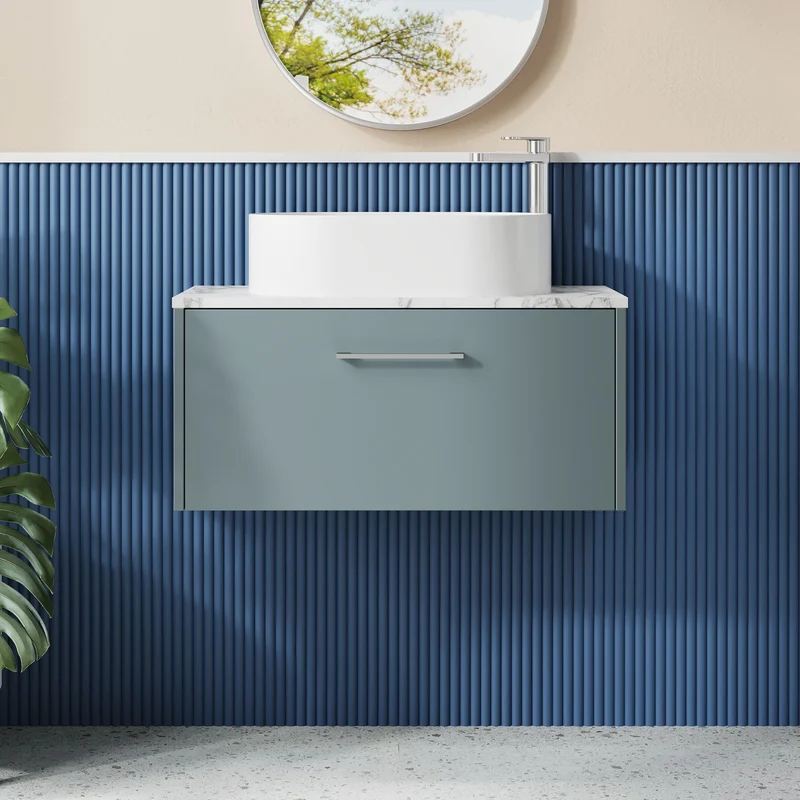 Juno 800mm Wall Hung 1 Drawer Vanity Unit & Carrera Marble Laminate Worktop - Coastal Grey Matt