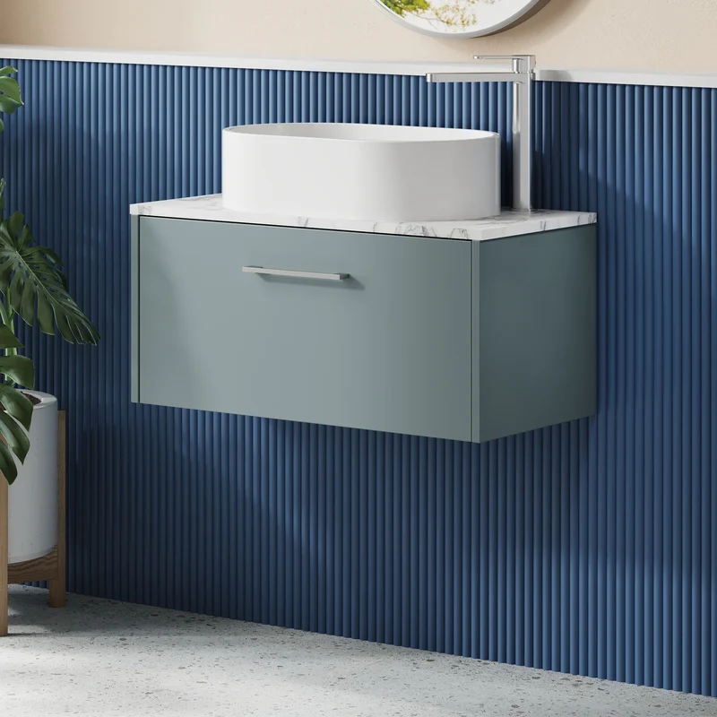 Juno 800mm Wall Hung 1 Drawer Vanity Unit & Carrera Marble Laminate Worktop - Coastal Grey Matt