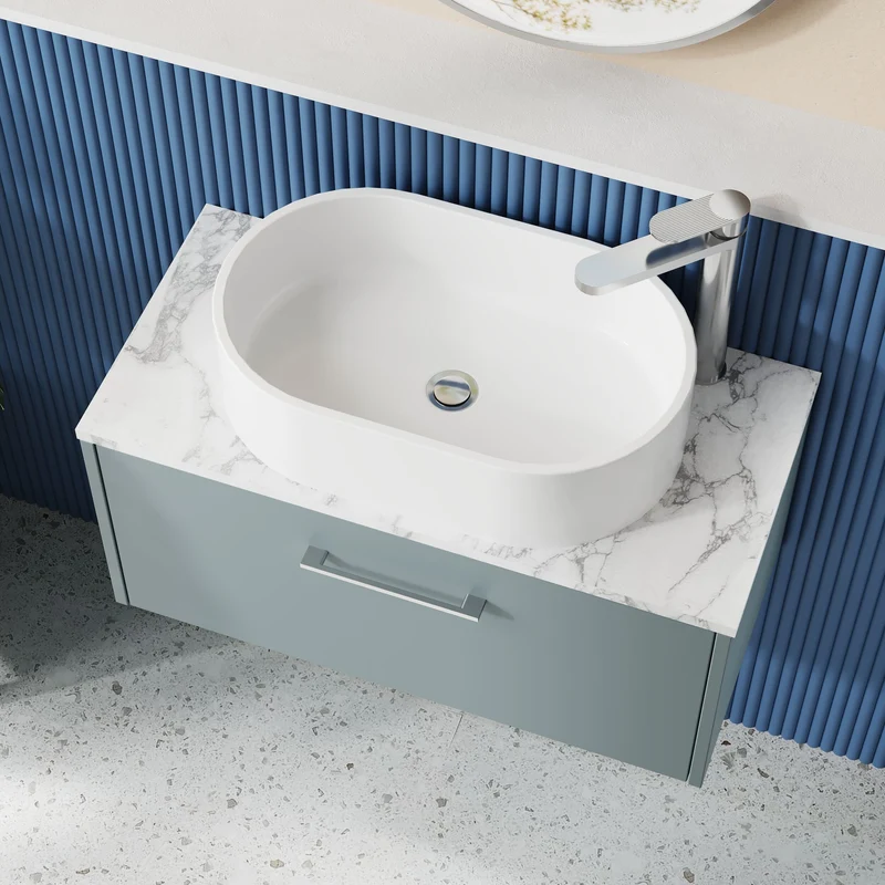 Juno 800mm Wall Hung 1 Drawer Vanity Unit & Carrera Marble Laminate Worktop - Coastal Grey Matt