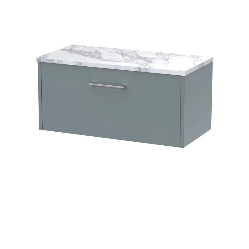 Juno 800mm Wall Hung 1 Drawer Vanity Unit & Carrera Marble Laminate Worktop - Coastal Grey Matt