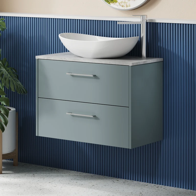 Juno 800mm Wall Hung 2 Drawer Vanity Unit & Bellato Grey Laminate Worktop - Coastal Grey Matt