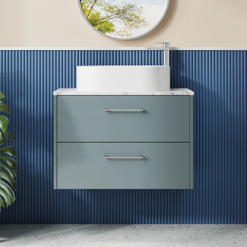 Juno 800mm Wall Hung 2 Drawer Vanity Unit & Carrera Marble Laminate Worktop - Coastal Grey Matt