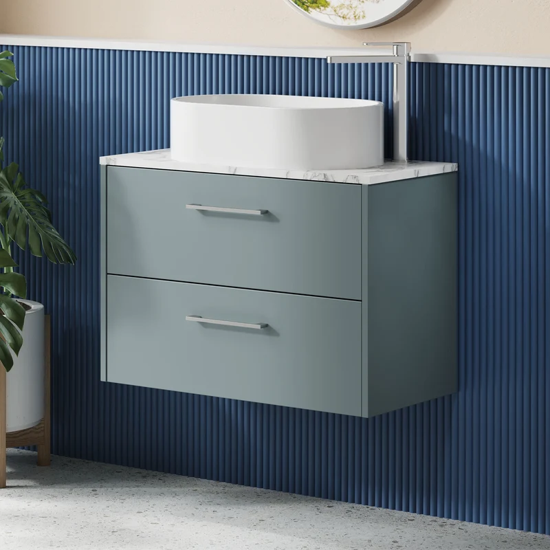 Juno 800mm Wall Hung 2 Drawer Vanity Unit & Carrera Marble Laminate Worktop - Coastal Grey Matt