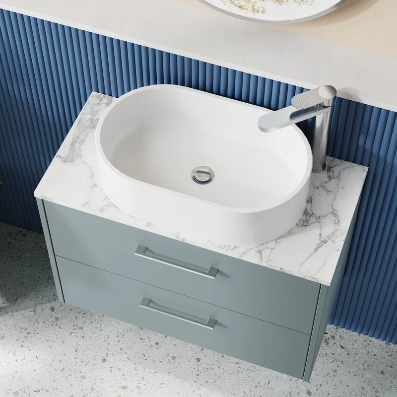 Juno 800mm Wall Hung 2 Drawer Vanity Unit & Carrera Marble Laminate Worktop - Coastal Grey Matt
