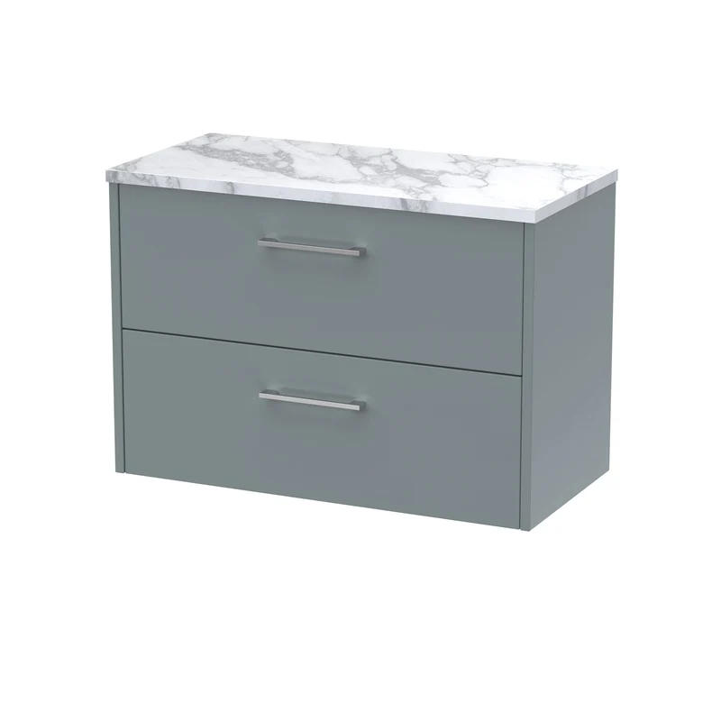 Juno 800mm Wall Hung 2 Drawer Vanity Unit & Carrera Marble Laminate Worktop - Coastal Grey Matt