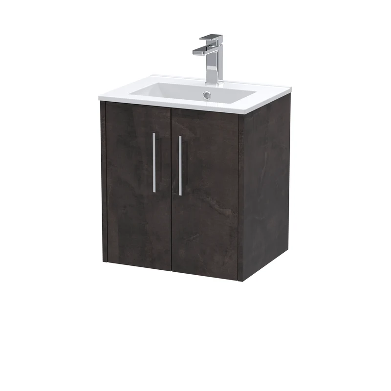Juno 500mm Wall Hung 2 Door Vanity Unit & Minimalist Ceramic Basin - Metallic Slate Matt