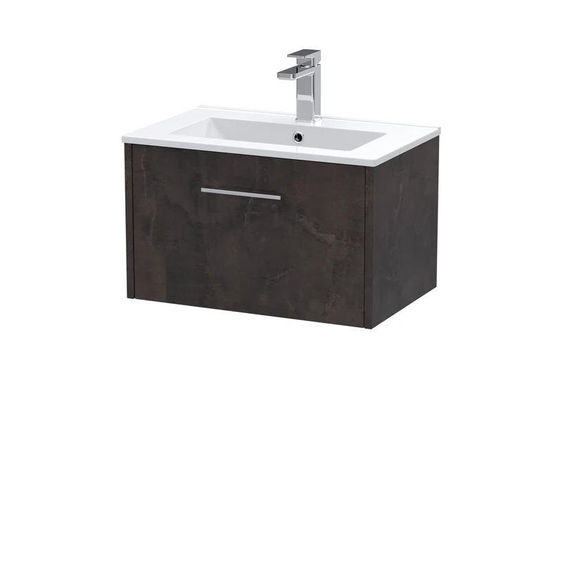 Juno 600mm Wall Hung 1 Drawer Vanity Unit & Minimalist Ceramic Basin - Metallic Slate Matt