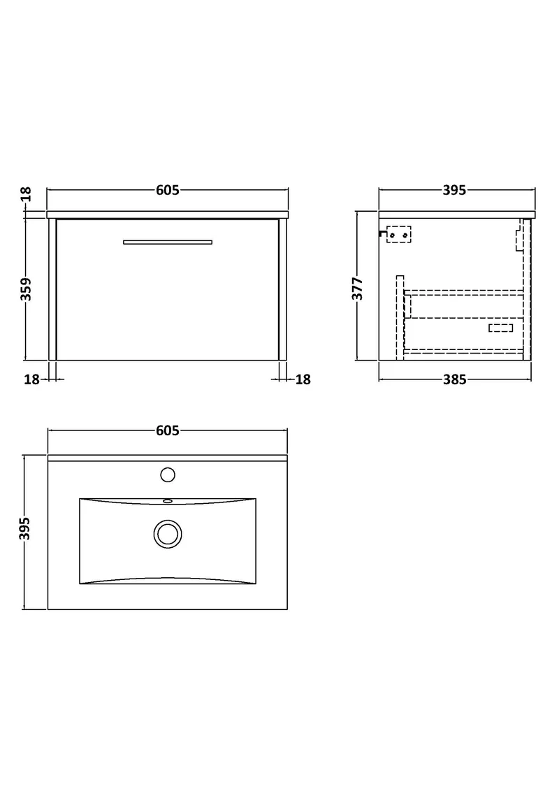 Juno 600mm Wall Hung 1 Drawer Vanity Unit & Minimalist Ceramic Basin - Metallic Slate Matt