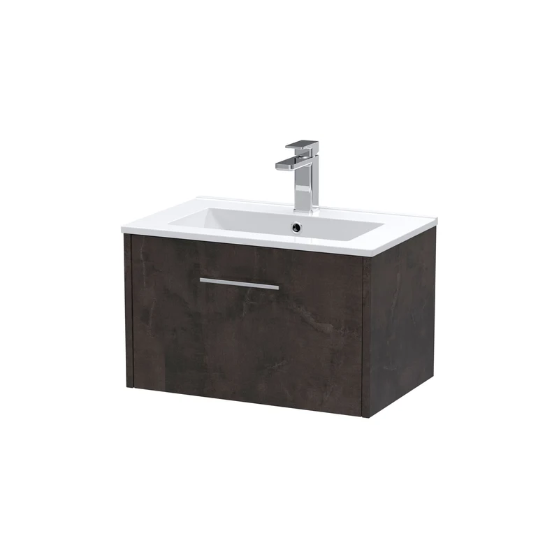 Juno 600mm Wall Hung 1 Drawer Vanity Unit & Minimalist Ceramic Basin - Metallic Slate Matt