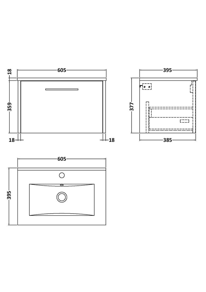 Juno 600mm Wall Hung 1 Drawer Vanity Unit & Minimalist Ceramic Basin - Metallic Slate Matt