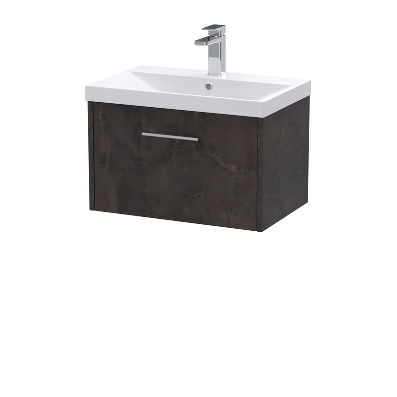 Juno 600mm Wall Hung 1 Drawer Vanity Unit & Thin Edge Ceramic Basin - Metallic Slate Matt