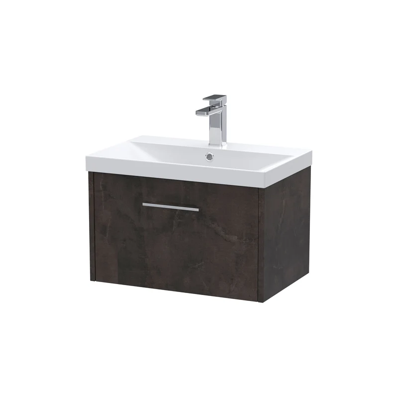 Juno 600mm Wall Hung 1 Drawer Vanity Unit & Thin Edge Ceramic Basin - Metallic Slate Matt