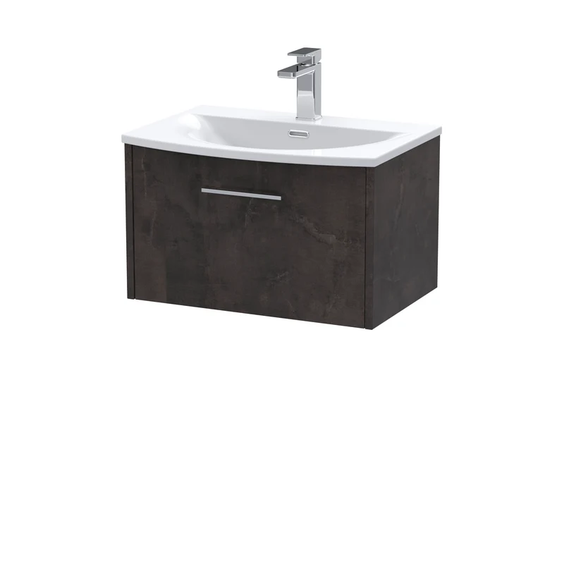 Juno 600mm Wall Hung 1 Drawer Vanity Unit & Curved Ceramic Basin - Metallic Slate Matt