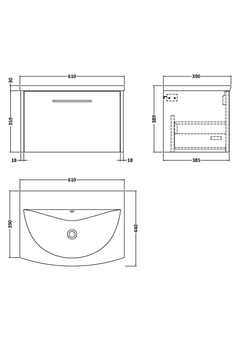 Juno 600mm Wall Hung 1 Drawer Vanity Unit & Curved Ceramic Basin - Metallic Slate Matt