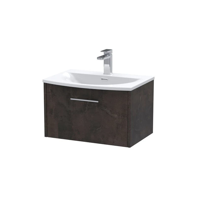 Juno 600mm Wall Hung 1 Drawer Vanity Unit & Curved Ceramic Basin - Metallic Slate Matt