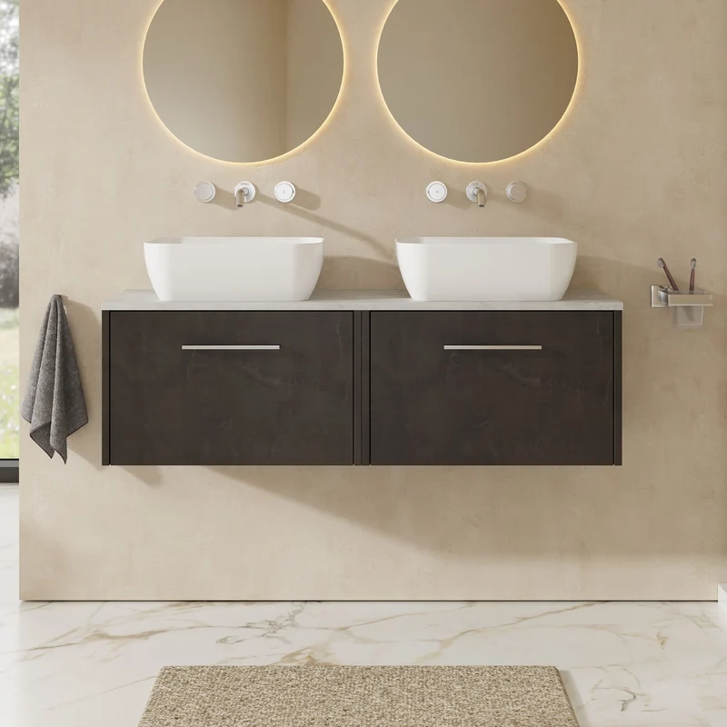 Juno 1200mm Wall Hung 2 Drawer Vanity Unit & Bellato Grey Laminate Worktop - Metallic Slate Matt