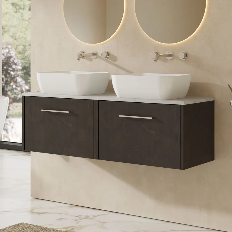 Juno 1200mm Wall Hung 2 Drawer Vanity Unit & Bellato Grey Laminate Worktop - Metallic Slate Matt