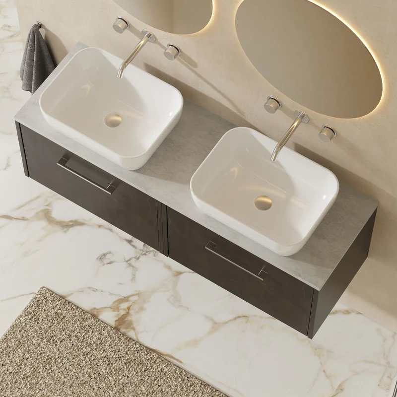 Juno 1200mm Wall Hung 2 Drawer Vanity Unit & Bellato Grey Laminate Worktop - Metallic Slate Matt