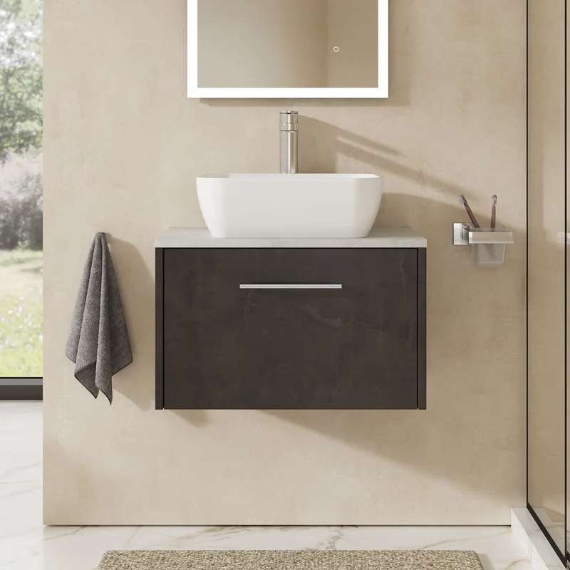 Juno 600mm Wall Hung 1 Drawer Vanity Unit & Bellato Grey Laminate Worktop - Metallic Slate Matt