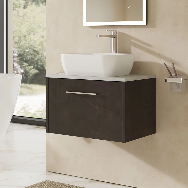 Juno 600mm Wall Hung 1 Drawer Vanity Unit & Bellato Grey Laminate Worktop - Metallic Slate Matt