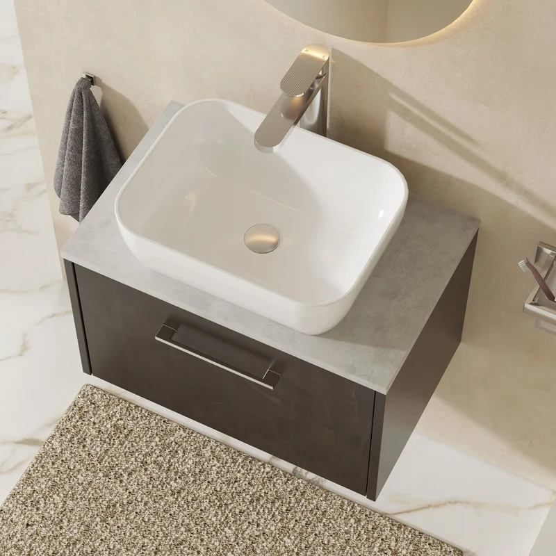 Juno 600mm Wall Hung 1 Drawer Vanity Unit & Bellato Grey Laminate Worktop - Metallic Slate Matt