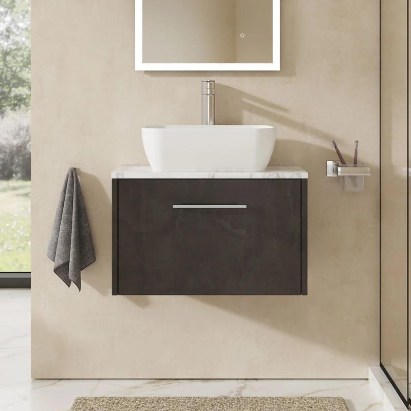 Juno 600mm Wall Hung 1-Drawer Vanity Unit & Carrera Marble Laminate Worktop - Metallic Slate Matt