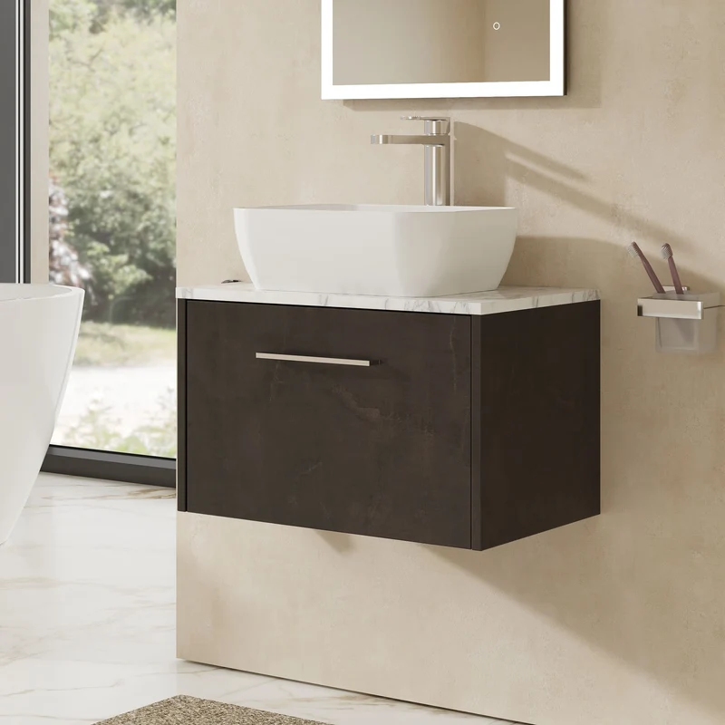 Juno 600mm Wall Hung 1-Drawer Vanity Unit & Carrera Marble Laminate Worktop - Metallic Slate Matt