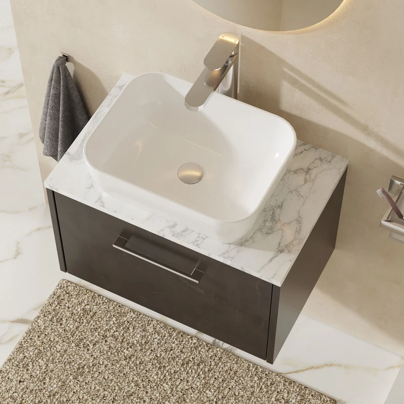 Juno 600mm Wall Hung 1-Drawer Vanity Unit & Carrera Marble Laminate Worktop - Metallic Slate Matt