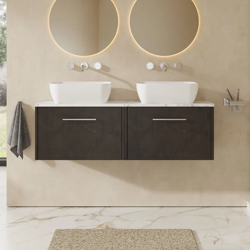 Juno 1200mm Wall Hung 2 Drawer Vanity Unit & Carrera Marble Laminate Worktop - Metallic Slate Matt