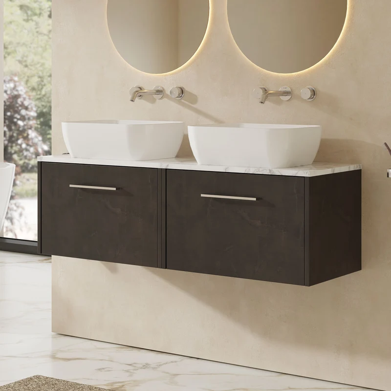 Juno 1200mm Wall Hung 2 Drawer Vanity Unit & Carrera Marble Laminate Worktop - Metallic Slate Matt