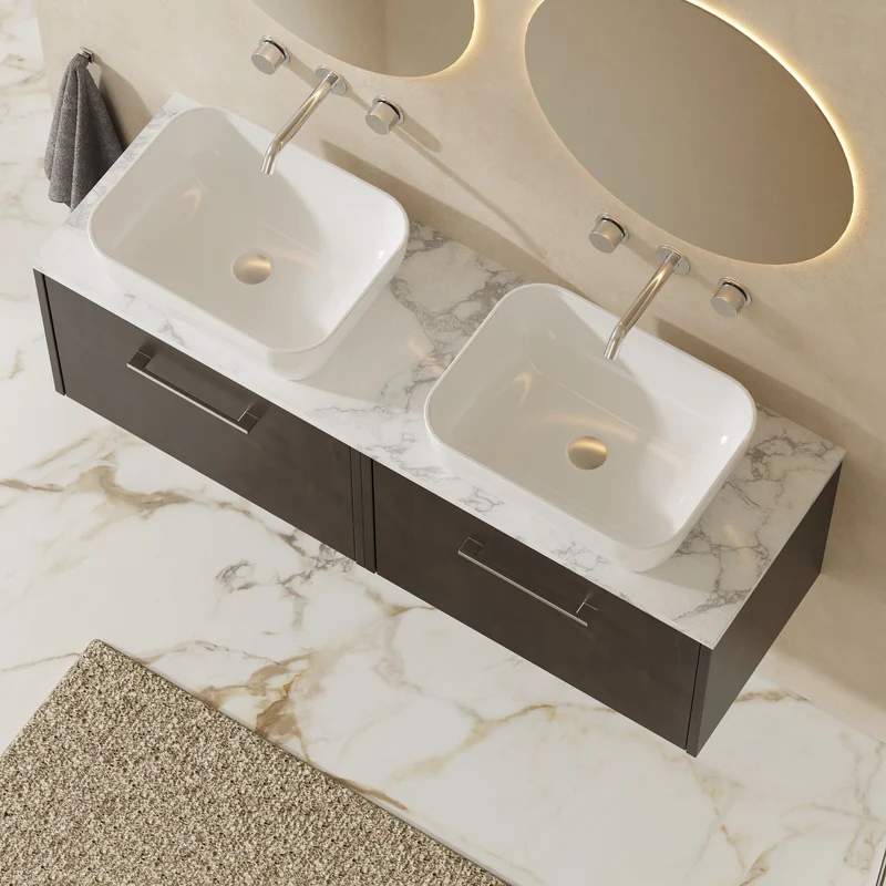 Juno 1200mm Wall Hung 2 Drawer Vanity Unit & Carrera Marble Laminate Worktop - Metallic Slate Matt