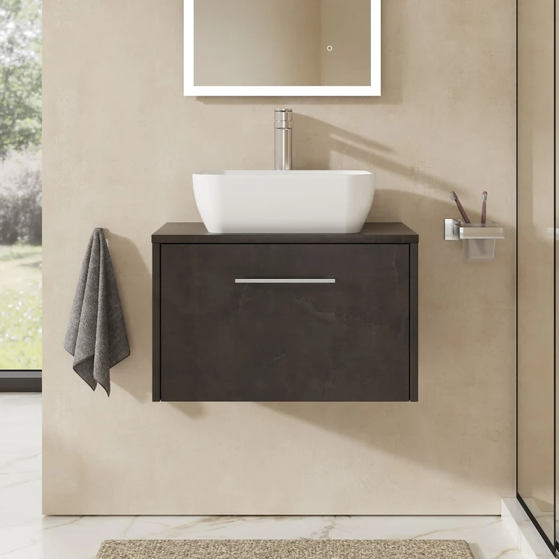 Juno 600mm Wall Hung 1 Drawer Vanity Unit & Worktop - Metallic Slate Matt