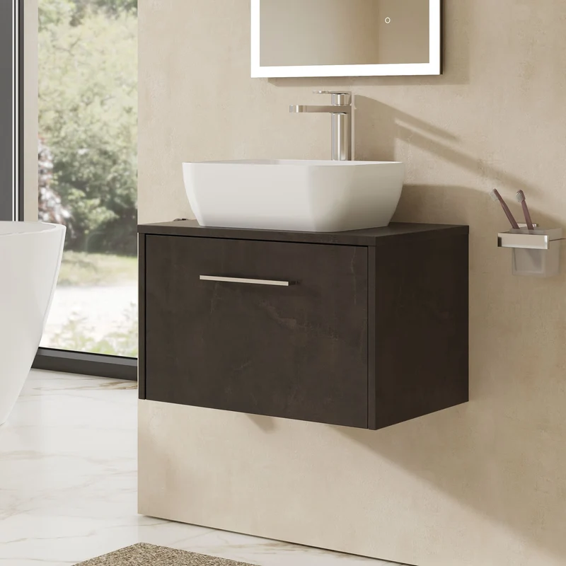 Juno 600mm Wall Hung 1 Drawer Vanity Unit & Worktop - Metallic Slate Matt