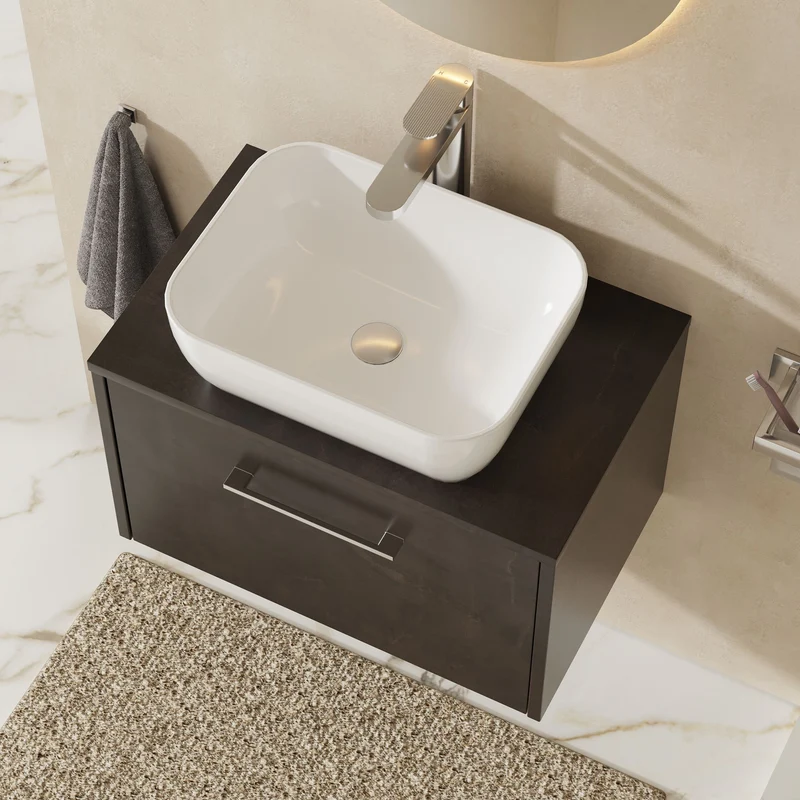 Juno 600mm Wall Hung 1 Drawer Vanity Unit & Worktop - Metallic Slate Matt