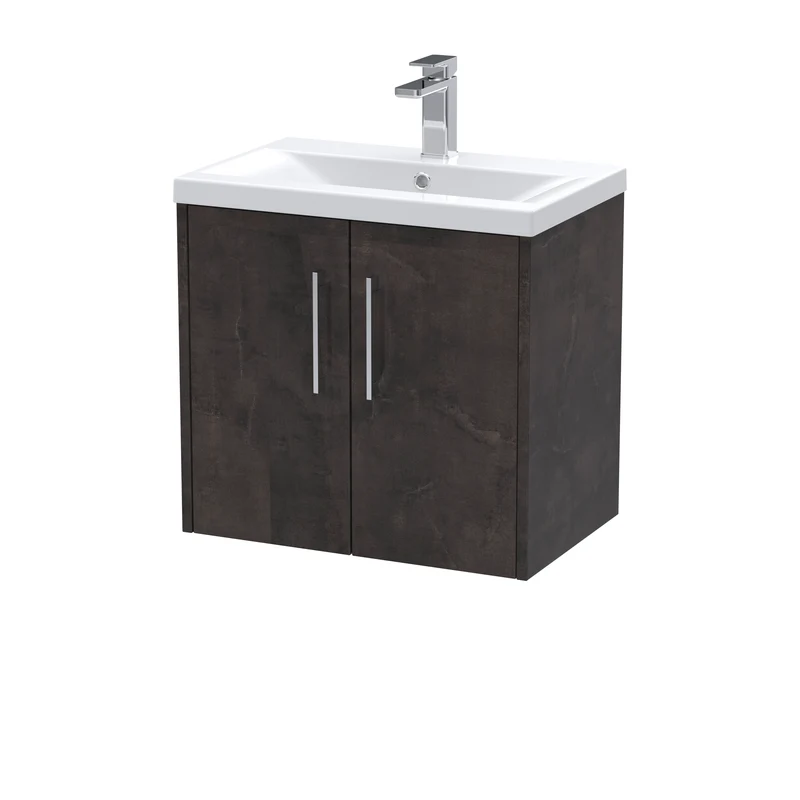 Juno 600mm Wall Hung 2 Door Vanity Unit & Mid Edge Ceramic Basin - Metallic Slate Matt