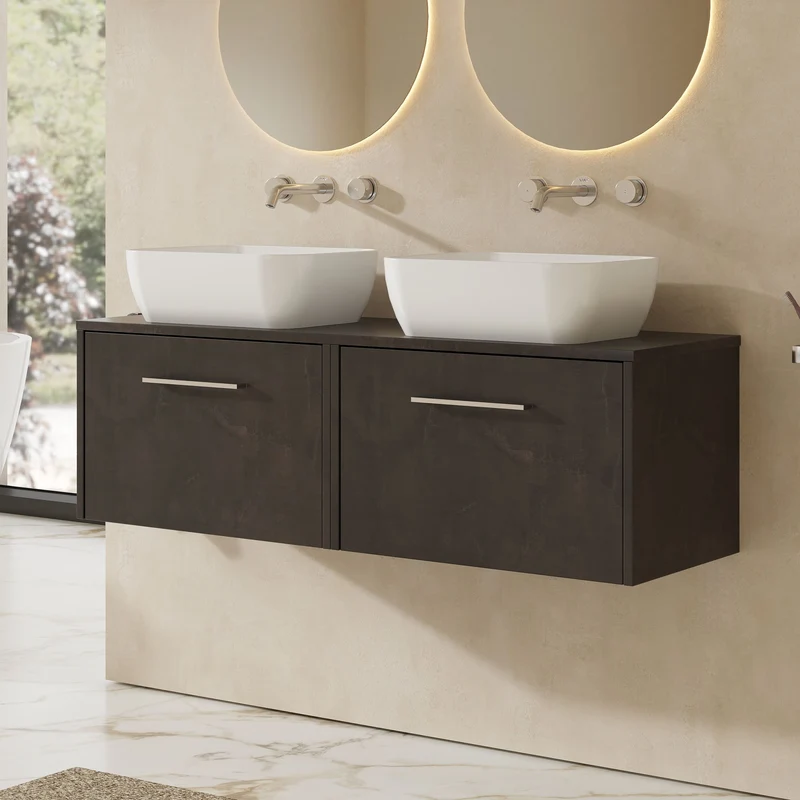 Juno 1200mm Wall Hung 2 Drawer Vanity Unit & Worktop - Metallic Slate Matt
