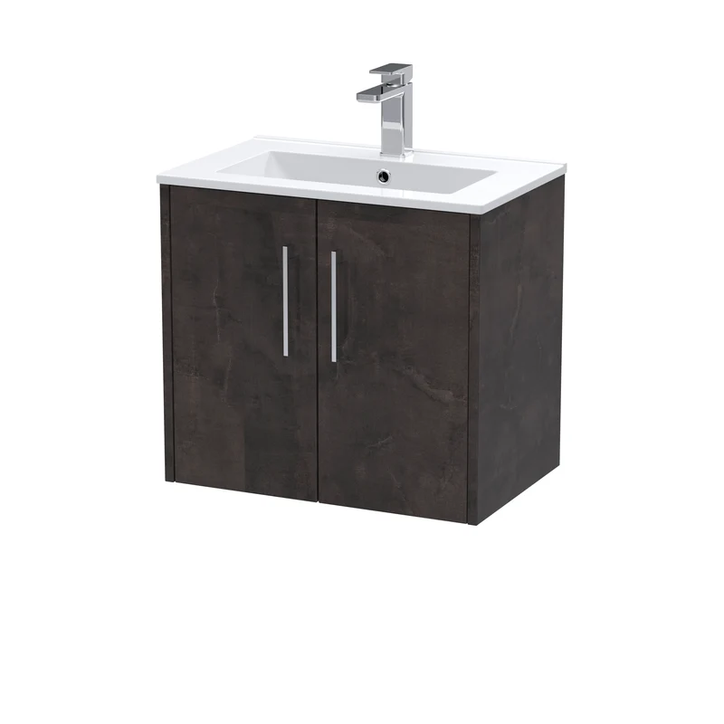 Juno 600mm Wall Hung 2 Door Vanity Unit & Minimalist Ceramic Basin - Metallic Slate Matt
