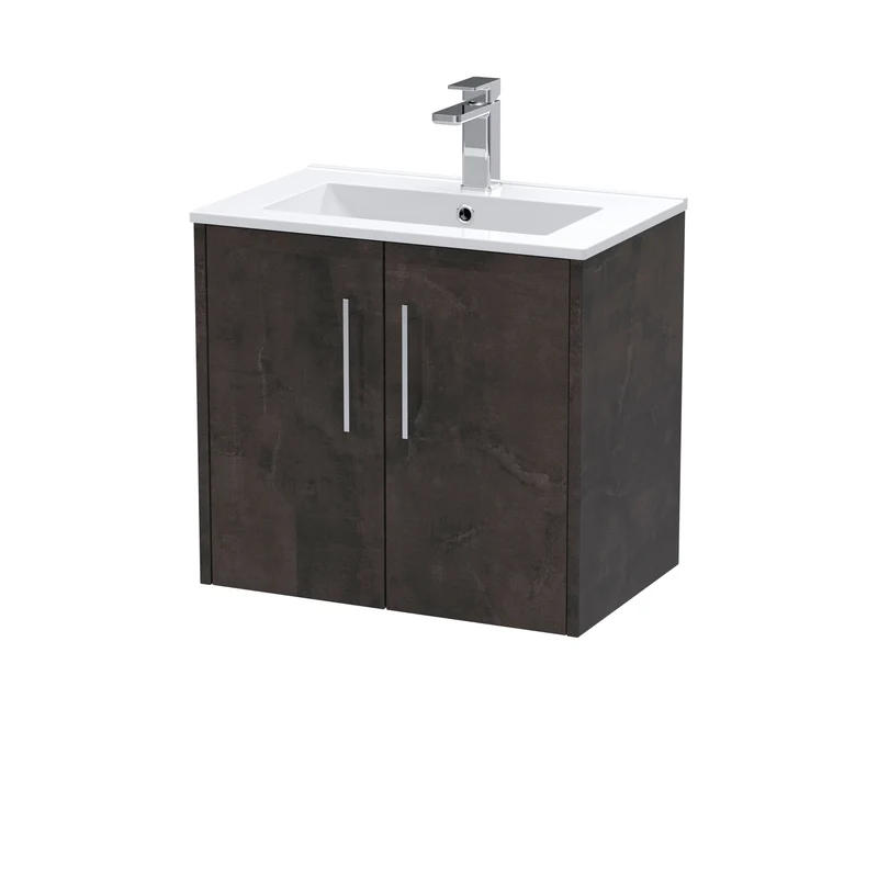 Juno 600mm Wall Hung 2 Door Vanity Unit & Minimalist Ceramic Basin - Metallic Slate Matt