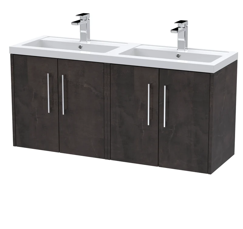 Juno 1200mm Wall Hung 4 Door Vanity Unit & Double Polymarble Basin - Metallic Slate Matt
