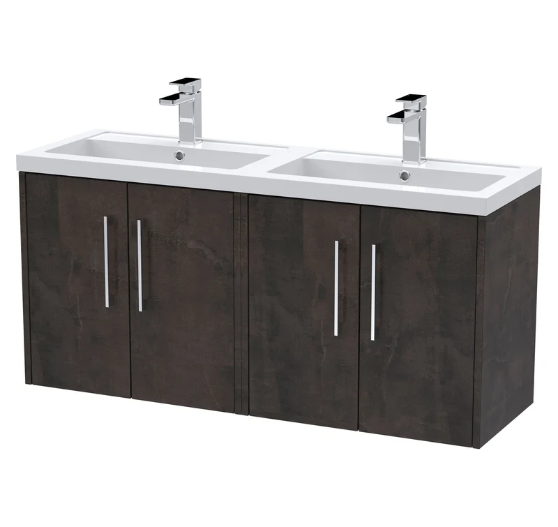 Juno 1200mm Wall Hung 4 Door Vanity Unit & Double Polymarble Basin - Metallic Slate Matt
