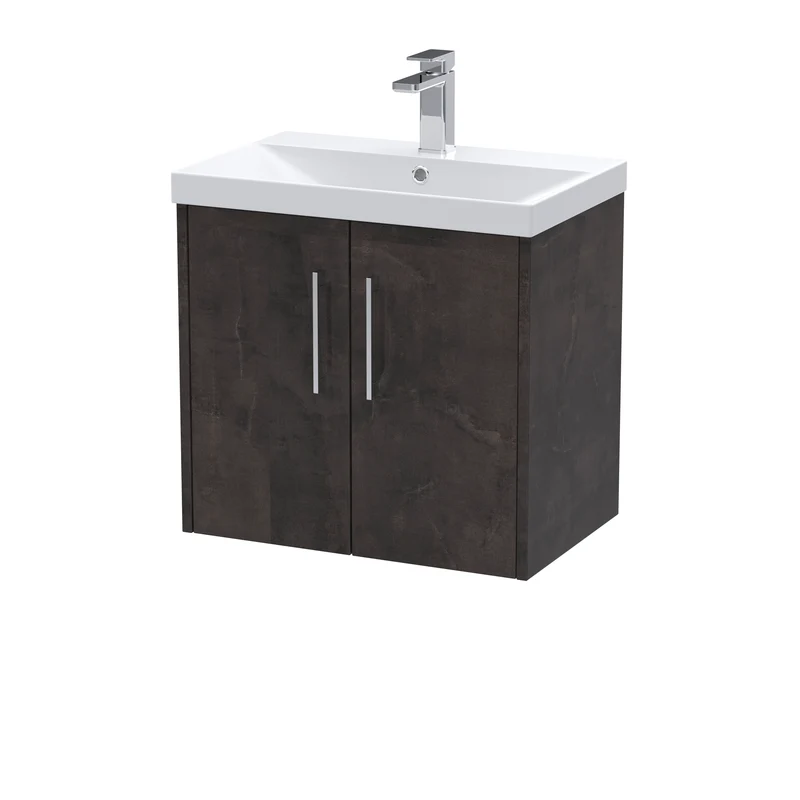 Juno 600mm Wall Hung 2 Door Vanity Unit & Thin Edge Ceramic Basin - Metallic Slate Matt