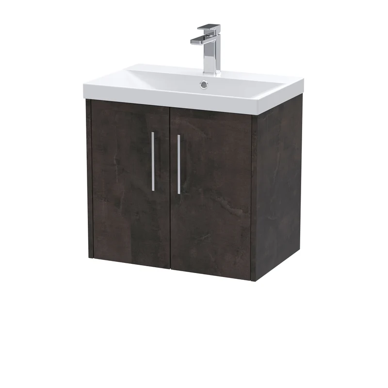 Juno 600mm Wall Hung 2 Door Vanity Unit & Thin Edge Ceramic Basin - Metallic Slate Matt
