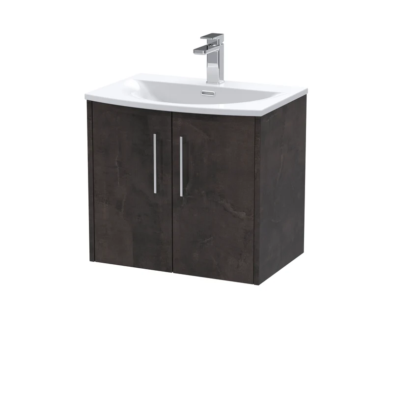 Juno 600mm Wall Hung 2 Door Vanity Unit & Curved Ceramic Basin - Metallic Slate Matt