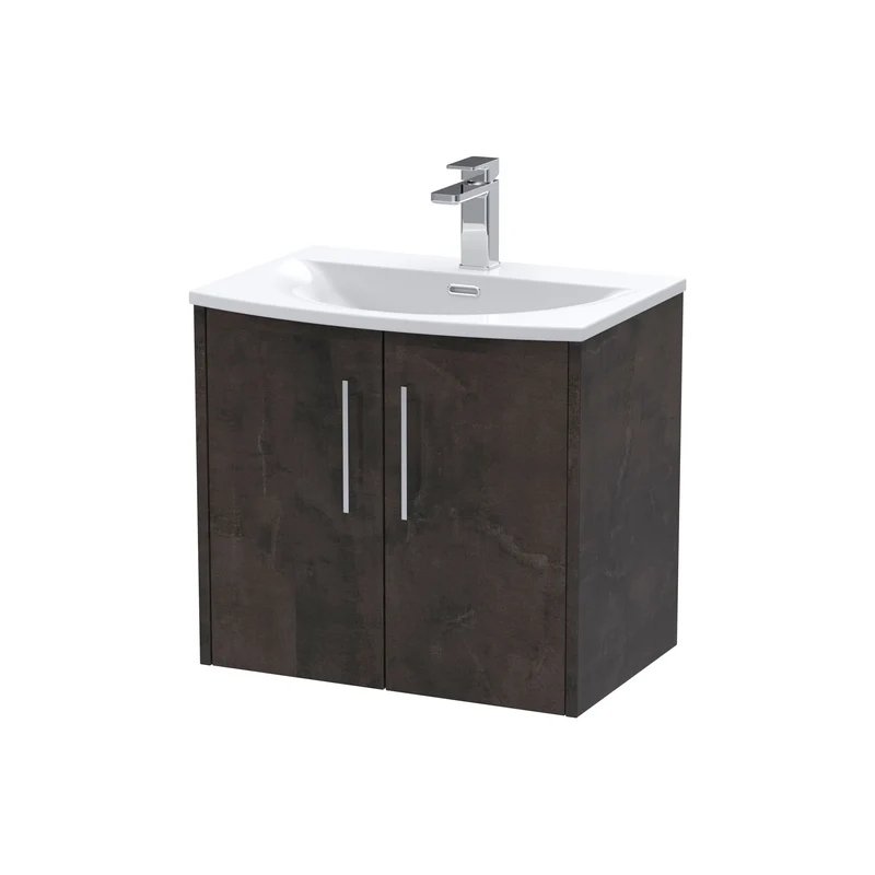 Juno 600mm Wall Hung 2 Door Vanity Unit & Curved Ceramic Basin - Metallic Slate Matt