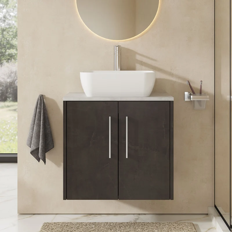 Juno 600mm Wall Hung 2 Door Vanity Unit & Bellato Grey Laminate Worktop - Metallic Slate Matt