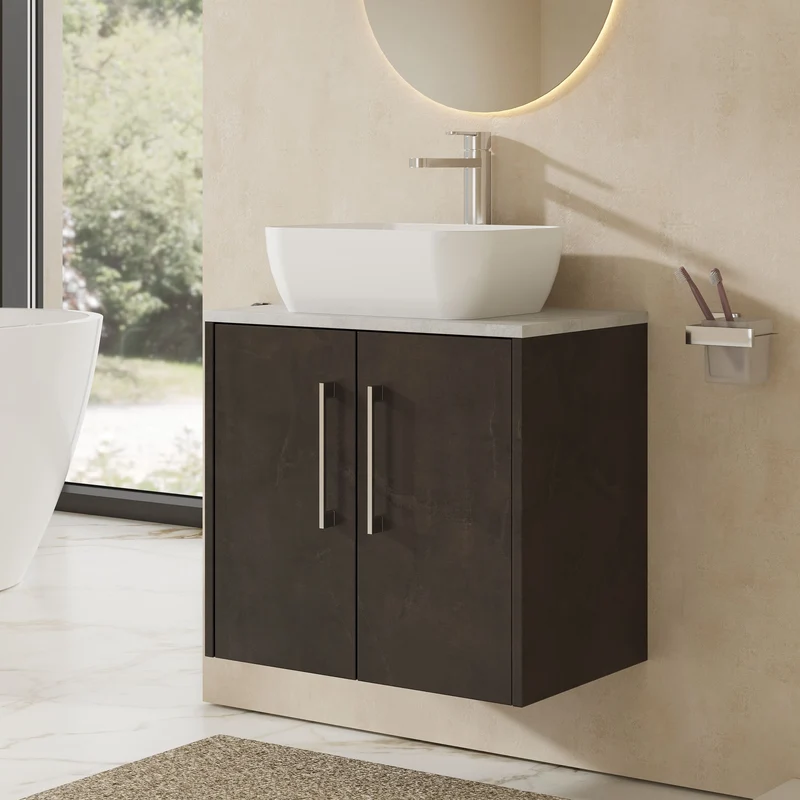Juno 600mm Wall Hung 2 Door Vanity Unit & Bellato Grey Laminate Worktop - Metallic Slate Matt