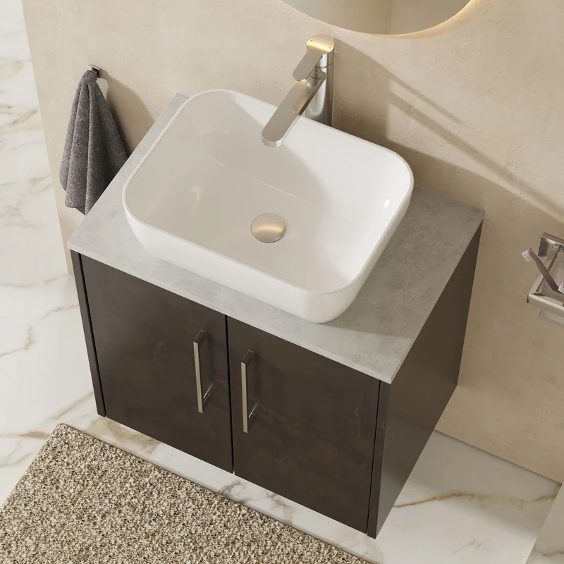 Juno 600mm Wall Hung 2 Door Vanity Unit & Bellato Grey Laminate Worktop - Metallic Slate Matt