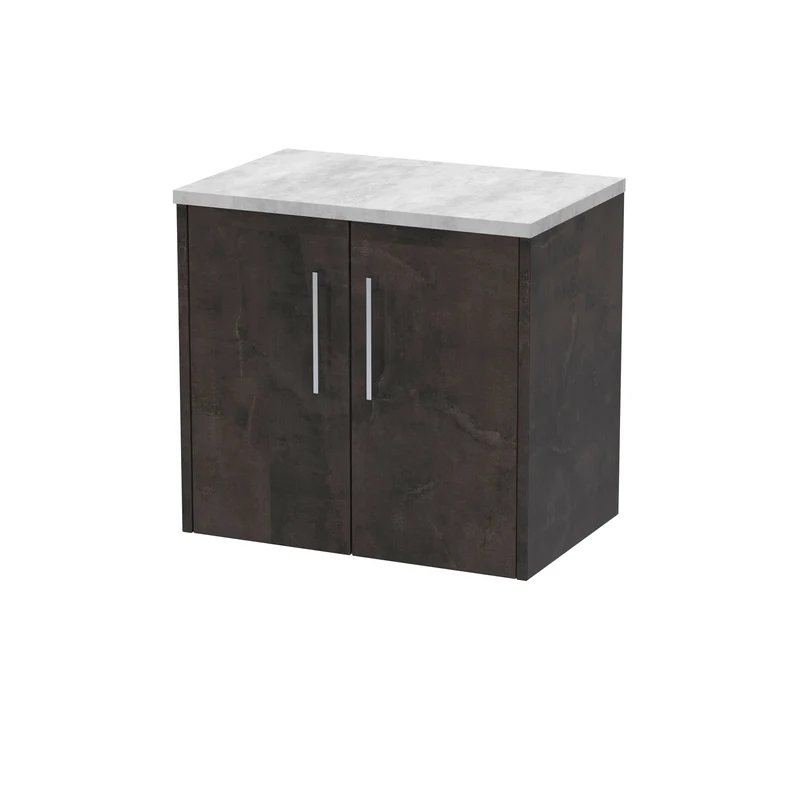 Juno 600mm Wall Hung 2 Door Vanity Unit & Bellato Grey Laminate Worktop - Metallic Slate Matt