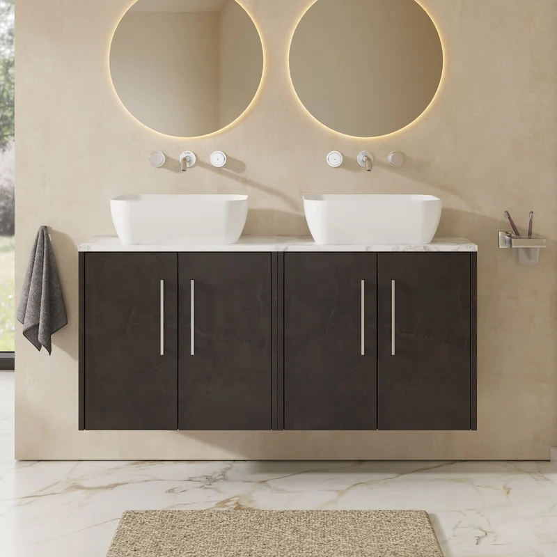 Juno 1200mm Wall Hung 4 Door Vanity Unit & Carrera Marble Laminate Worktop - Metallic Slate Matt
